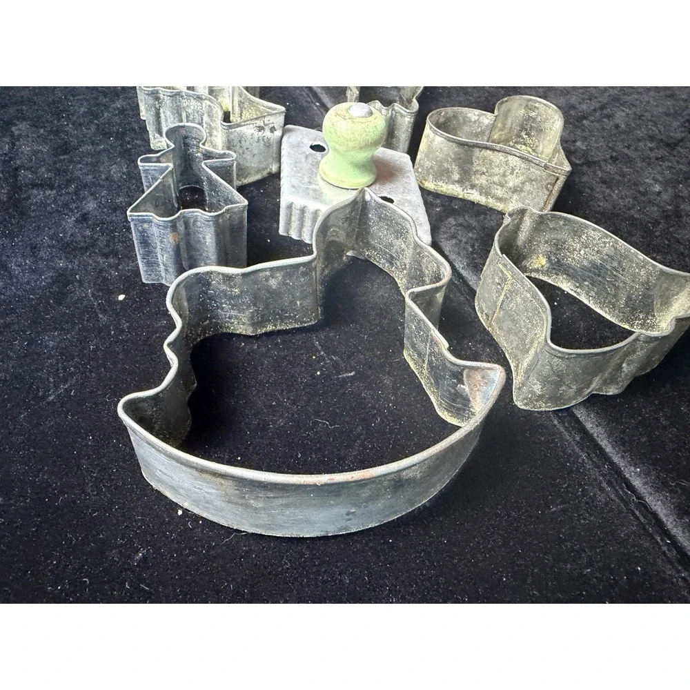Vintage Tin Cookie Cutter Set Rocking Horse Angel Heart Tree Wood Handle Diamond